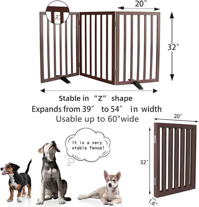 Dog Gate Indoor, Freestanding Dog Fence for The House, Doorways, Hallways,or Stairs,Pet Gate Foldable Wooden,Expandable 32" Height 3 Panels,Brown