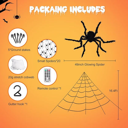 Upgrade 3 Colors Purple/Orange/Pink/Spiders Web Lights,with Single Color Always ON,11 Modes 16.4Ft 200 LED Super Bright Halloween Decorations Lights with Remote Control,49'' Giant Glowing Spider