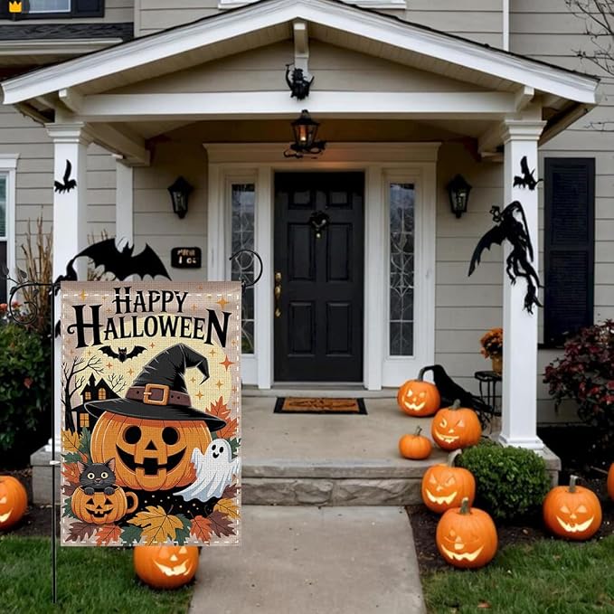 Fokongna Happy Halloween Garden Flag, Cute Pumpkin Ghost Black Cat Garden Flag,Trick or Treat 12x18 Inch Burlap Vertical Double Sided Flags, for Home Yard Outside Decorations
