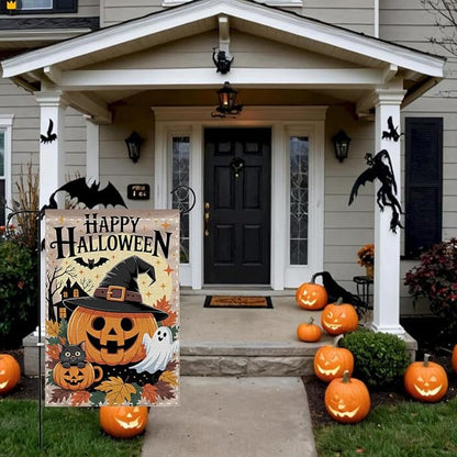 Fokongna Happy Halloween Garden Flag, Cute Pumpkin Ghost Black Cat Garden Flag,Trick or Treat 12x18 Inch Burlap Vertical Double Sided Flags, for Home Yard Outside Decorations