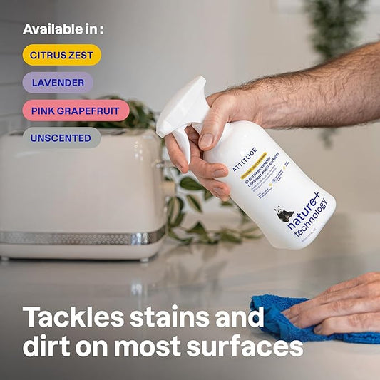 ATTITUDE All Purpose Cleaner Spray, EWG Verified, Vegan, Made with 94% Plant-Based Ingredients, Streak-Free for Kitchen, Bathroom, Glass & More, Lavender Scent, 27.1 Fl Oz