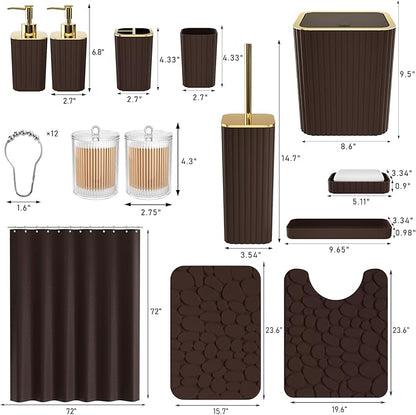 Bathroom Accessories Set - 25PC Brown Bathroom Sets with Shower Curtain and Rugs, Bathroom Accessory Set, Brown Shower Curtain Set, Trash Can, Qtip Holder Dispenser & Soap Dispenser
