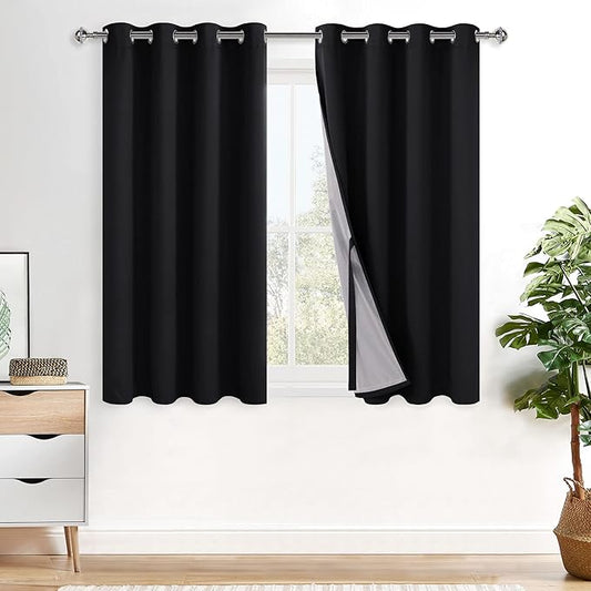XWZO 100% Blackout Curtains 45 Inches Length with Tiebacks- Full Shade Window Drapes Thermal Insulated Double Layer with Black Liner for Bedroom/Living Room, Grommet Top, Black, W52 x L45, Set of 2