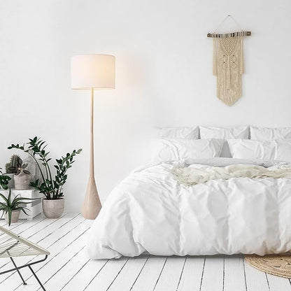 GLOBE Electric 52112 65" Floor Lamp, Faux Wood Finish, White Cotton Shade, Japandi Style, E26 Base, Modern Bedroom and Living Room Lighting