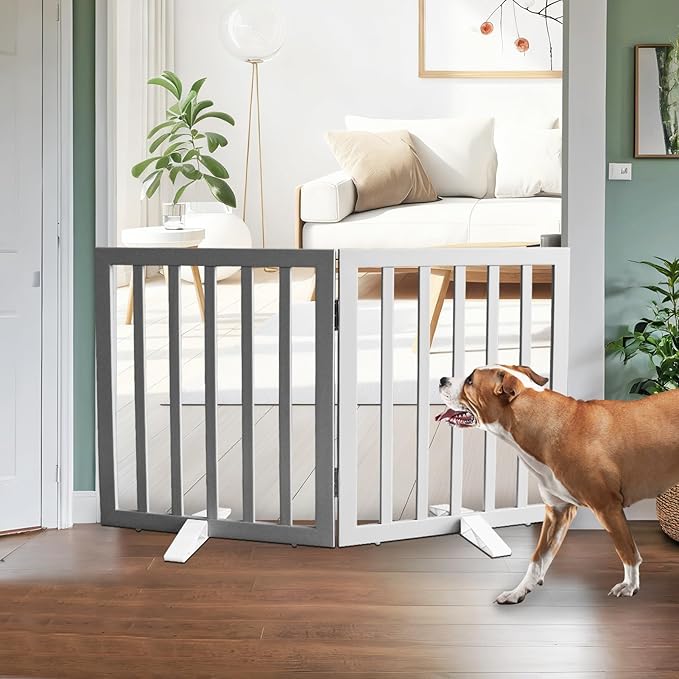 Dog Gate Indoor, Freestanding Dog Fence for The House, Doorways, Hallways,or Stairs,Pet Gate Foldable Wooden,Expandable 24" Height 2 Panels,Grey