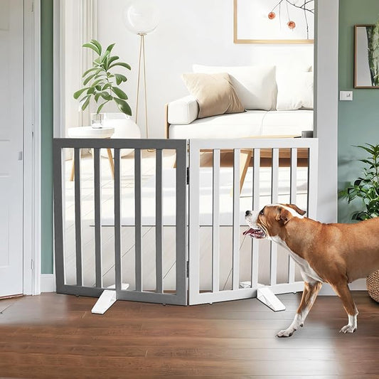 Dog Gate Indoor, Freestanding Dog Fence for The House, Doorways, Hallways,or Stairs,Pet Gate Foldable Wooden,Expandable 24" Height 2 Panels,Grey