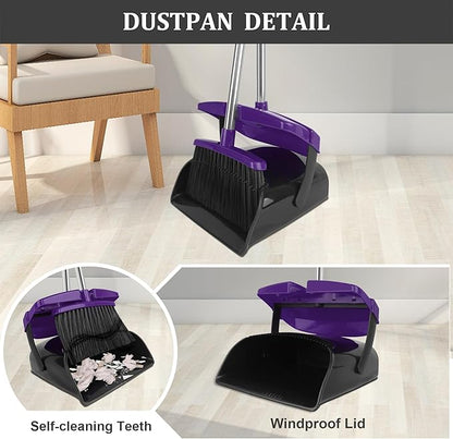 Broom and Dustpan Set, 51" Long Handle Broom with Dustpan Combo Set, Windproof and Self-Cleaning Teeth, Purple Household Dust Pan Set Sweep Kitchen Office Lobby Pet Room