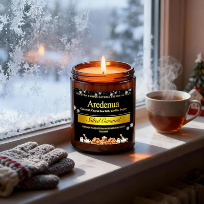 Winter Candles - Salted Caramel Candle | Cozy Holiday Scented Candles - 7oz Jar Soy Candle for Winter Home, Holiday & Christmas Gifts for Women Men