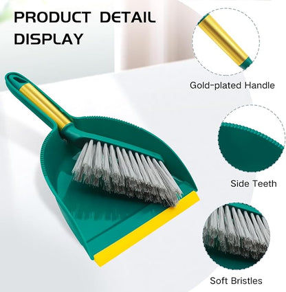 NACENA Mini Broom and Dustpan Set, Small Dust Pan and Brush Set with Handle Dustpan Teeth for Cleaning Hair Suitable for Office Desks Drawers Sofas Pet Care Outdoor Camping, Green