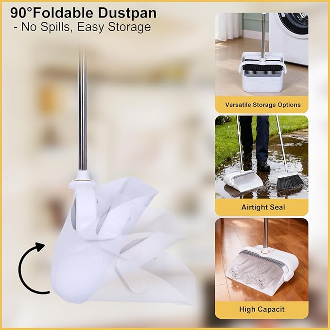 Upgrade Broom with Dustpan Combo Set Heavy Duty, Ergonomic Adjustable Handle, Cleaning Teeth, Ideal for Pets, Indoor and Outdoor Sweeping（White）