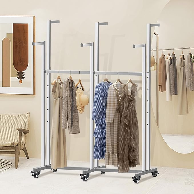Metal Clothing Rack, 6 Arms Clothes Display Racks with Wheels, Adjustable Floor Standing Garment Rack From 46.85" to 64", Portable Retail Display Stand for Boutique Stores (Silver, 6 Arm/45.66in)