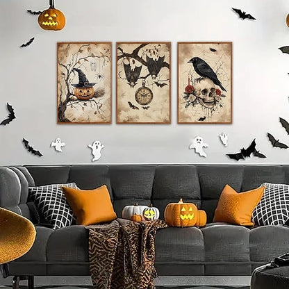 HLNIUC Vintage Halloween Decor Framed Gothic Skull Wall Art Set of 3(16”x24”) Floral Raven Crow Wall Decor,Horror Pumpkin Dark Academia Canvas Painting Bats Prints for Living Room Bedroom Goth Party