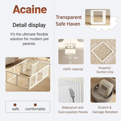 Transparent 17-Panel Dog Playpen, Acrylic Indoor/Outdoor Puppy Pen for Small & Medium Dogs, 24 Inch with Door, White(Ventilated Design 74 * 50 Two Rooms,24 inch)