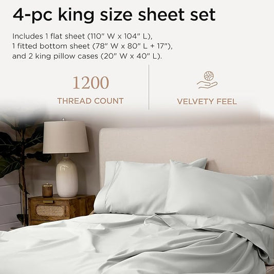 Threadmill Luxury Supima 100% Cotton Sheets - Soft, 1200 Thread Count, 4 Pc Light Grey Set for King Bed, 5-Star Hotel Quality, Deep Pocket with Elasticized Corner