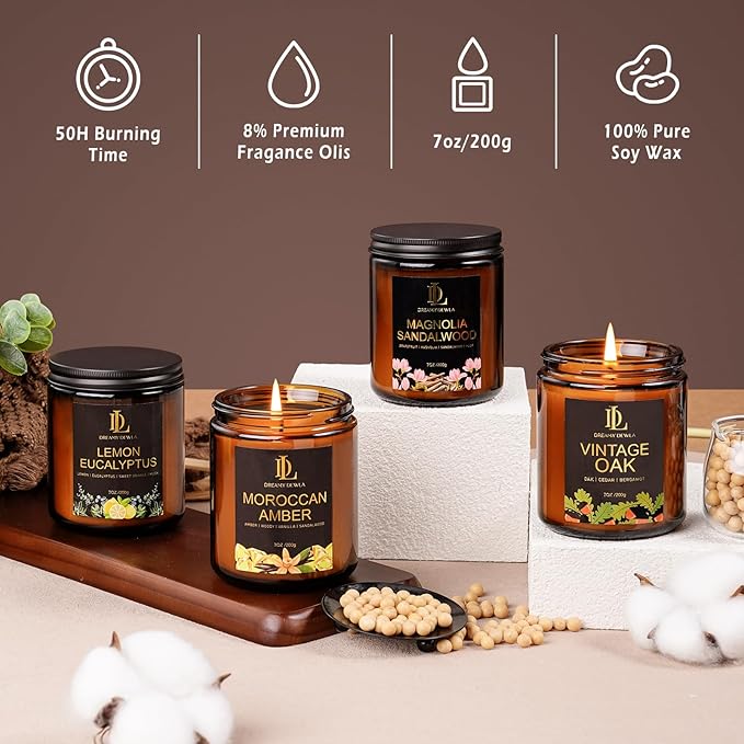 Valentine's Day Candles Gifts for Women Men, Scented Candle Set, Holiday Candle Gifts, 4Pack 28oz Soy Candles, Scents of Lemon Eucalyptus/Moroccan Amber/Magnolia & Sandalwood/Vintage Oak
