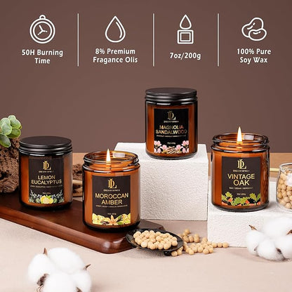 Valentine's Day Candles Gifts for Women Men, Scented Candle Set, Holiday Candle Gifts, 4Pack 28oz Soy Candles, Scents of Lemon Eucalyptus/Moroccan Amber/Magnolia & Sandalwood/Vintage Oak