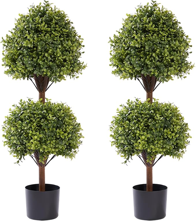 THE BLOOM TIMES 40" Tall Artificial Boxwood Double Ball Topiary Trees, UV Resistant Large Fake Potted Plants for Outdoor Planter, Realistic Faux Bushes Shrubs for Front Porch Outside Decor Set of 2