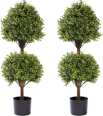 THE BLOOM TIMES 40" Tall Artificial Boxwood Double Ball Topiary Trees, UV Resistant Large Fake Potted Plants for Outdoor Planter, Realistic Faux Bushes Shrubs for Front Porch Outside Decor Set of 2