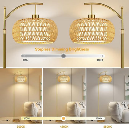 Gold Floor Lamps for Living Room Boho Rattan Floor Lamp with Remote Control & Wicker Lampshades,Vintage Brass Standing Lamp Dimmable Tall Floor Lamp for Bedroom Living Room Corner