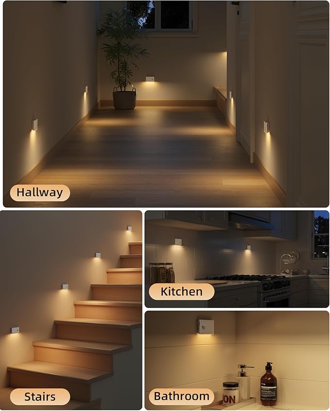 EZVALO 6 Pack Motion Sensor Night Lights with Charging Station, Sync LED Stair Lights Indoor, 1500mAh Rechargeable, Magnetic & Dimmable, 3000K Soft White, Portable Nightlight for Hallway, Stairs