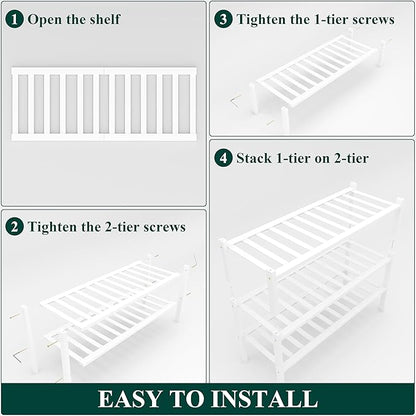 Smiry Shoe Rack, 3 Tier Thick Bamboo Shoe Organizer, Stackable Free Standing Wooden Shoe Storage Shelf for Closet, Entryway, Front Door Entrance, White