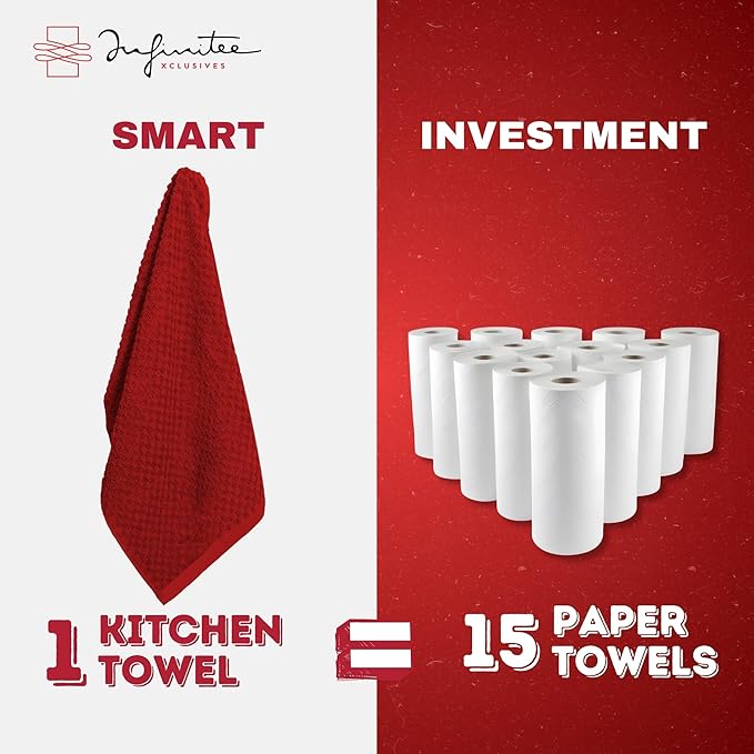 Infinitee Xclusives Premium Kitchen Towels – Pack of 3, 100% Cotton |15 x 25| Inches Absorbent Dish Towels - Terry Kitchen Dishcloth Towels - Red Dish Cloth for Household Cleaning