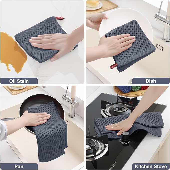 Homaxy 100% Cotton Kitchen Towels and Dishcloths Set, 12 x 12 Inches and 13 x 28 Inches, Set of 16 Bulk Kitchen Towels Set, Ultra Soft Absorbent Dish Cloths for Washing Dishes, Dark Grey