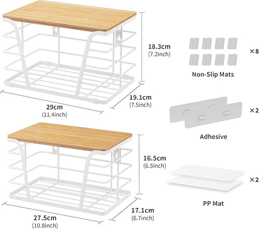 2 Pack Kitchen Organization for Onions,Potatoes - Fruit Basket for Kitchen Counter & Storage Basket,Stackable Kitchen Countertop Organizer for Fruits with Bamboo Top & Lightweight PP Mat,White