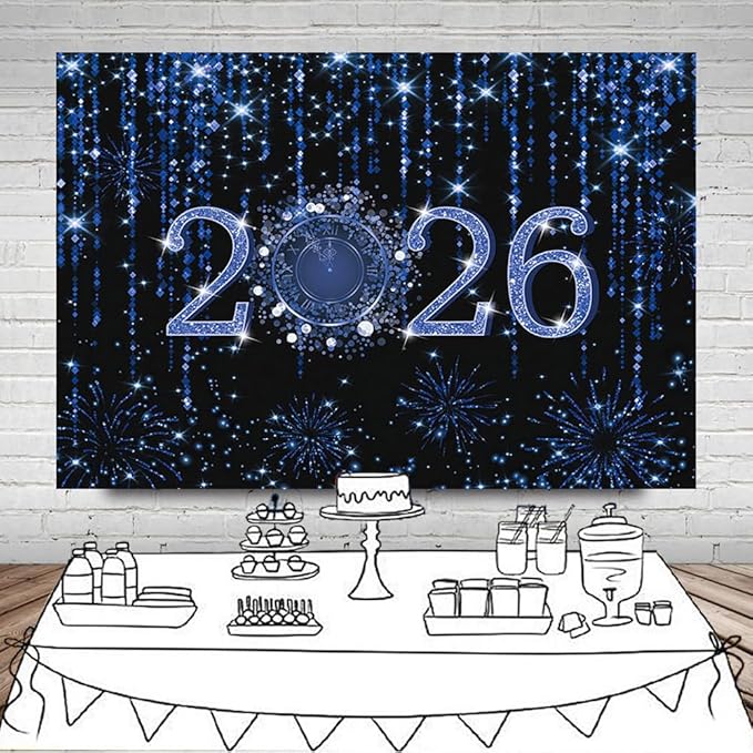 MEHOFOND 7x5ft Black and Blue 2026 New Year Backdrop Cheers to 2026 Photography Background Hello 2026 Dripping Glitter Dots Fireworks Clock Decor Time to 2026 New Year Eve Cake Smash Photo Props