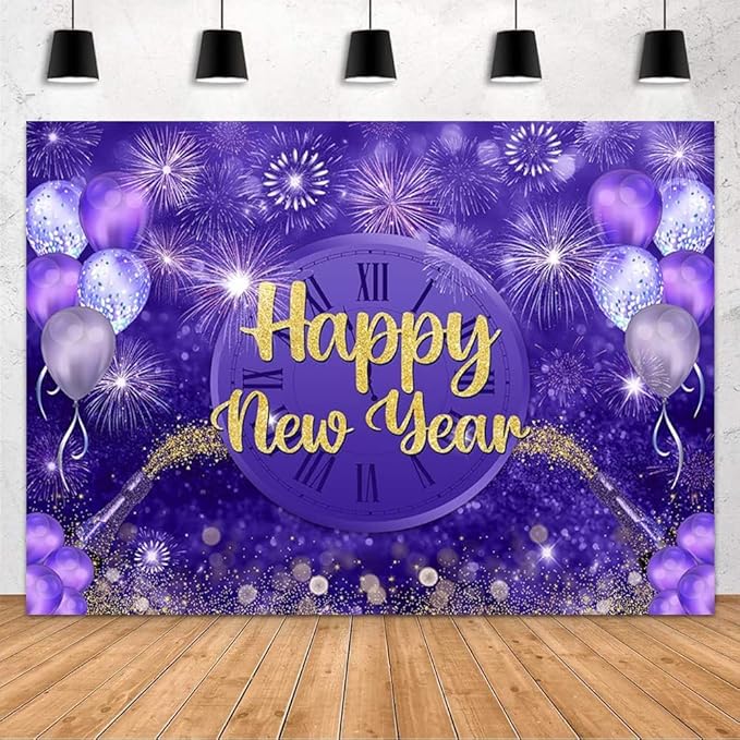 MEHOFOND Happy New Year Backdrop Purple 2026 New Year Eve Party Decorations Banner Supplies Shining Champagne Balloons Firework Photography Background New Years Eve Photo Studio Props 10x7ft