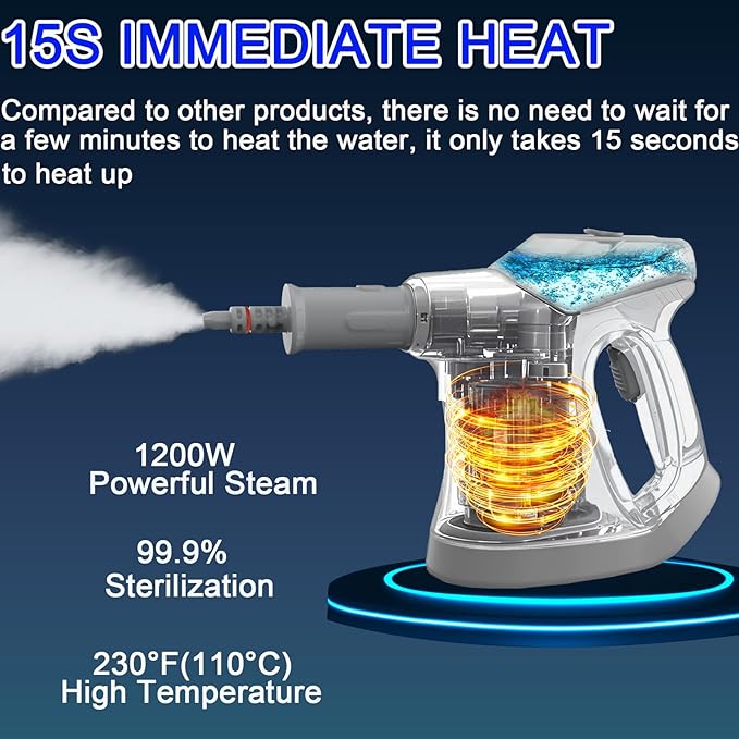 Handheld Steam Cleaner for Home, 10S Immediate Heat Hand Held Steam Cleaner, with Visualized Large Water Tank & 9 PCS Accessories & Safety Lock, for Kitchen,Couch,Floor,Window,Car (WHITE+GRAY)