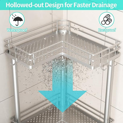 HapiRm Corner Shower Caddy Standing - 3 Tier Shower Organizer Corner with Soap Holder, Rustproof Bathroom Standing Organizer with 4 Hooks, Silver