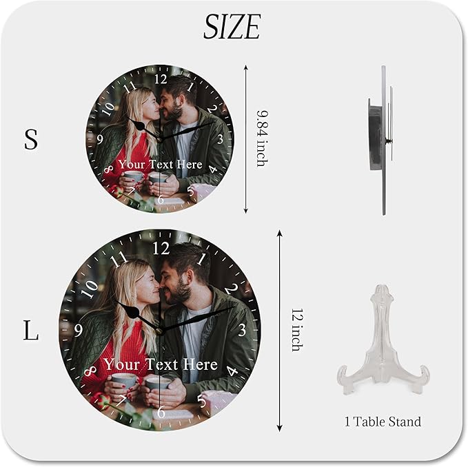 Custom Family Wall Clock with Photo Text, Personalized Picture Wall Clocks for Living Room Decor Customized Gift for Christmas Birthday Anniversary Wedding Valentine's Fits Kitchen Bathroom