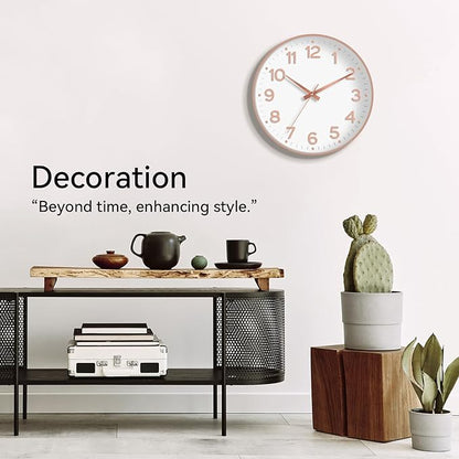 Wall Clock 10 Inch Silent Wall Clocks Battery Operated-Modern Non Ticking Analog Clock Decorative for Kitchen Bedroom Office Bathroom(White Rose Gold)