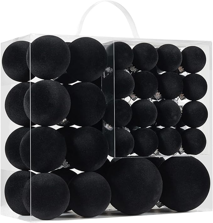 Velvet Christmas Ball Ornaments Set-46pcs Flocked Shatterproof Christmas Tree Decorations Plastic Xmas Decorative Hanging Ornaments for Xmas Holiday Home Decor,3 Sizes(Black)
