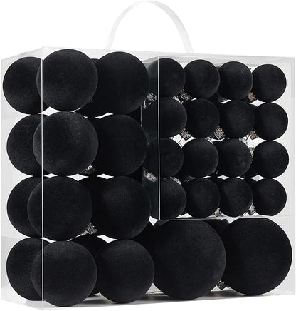Velvet Christmas Ball Ornaments Set-46pcs Flocked Shatterproof Christmas Tree Decorations Plastic Xmas Decorative Hanging Ornaments for Xmas Holiday Home Decor,3 Sizes(Black)