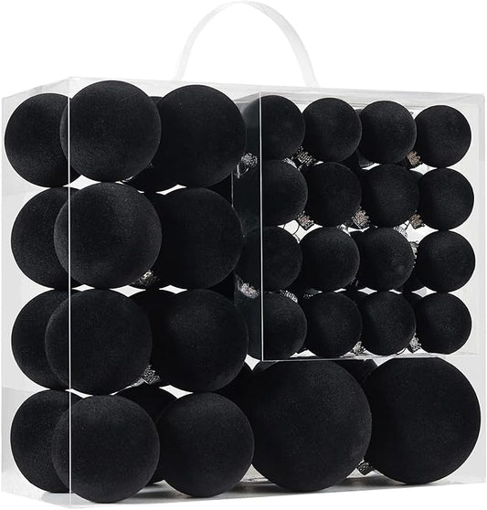 Velvet Christmas Ball Ornaments Set-46pcs Flocked Shatterproof Christmas Tree Decorations Plastic Xmas Decorative Hanging Ornaments for Xmas Holiday Home Decor,3 Sizes(Black)