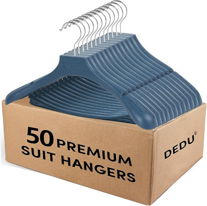Suit Hangers for Men 50 Pack, Blue Coat Hangers Extra Wide Non Slip Width 17.7", Thick Plastic with Pants Bar & Metal Hook