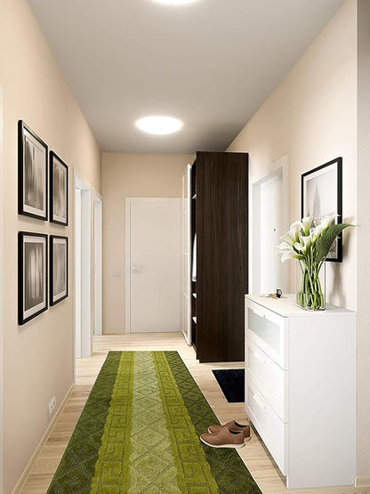 Custom Cut Hallway Runner Rug, Slip Resistant, 31 Inch Wide X Your Choice of Length, Meander Green, 31 Inch X 24 feet