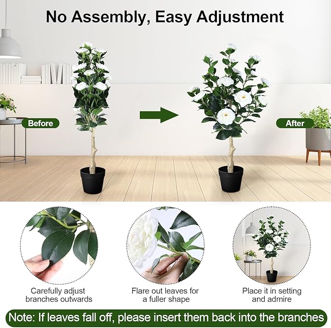 3FT Artificial Camellia Tree, 2 Pack Fake Camellia Tree Artificial Tree, Faux Floral Plants in Cement Pot, Greenery Potted Plant for Indoor Outdoor Home Office Porch Decor (White)