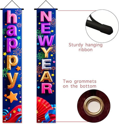 Nuxovilar Happy New Year Banner, 70.86" x 11.81" Colorful Letters Blue Purple Background Hanging Decorations for Outdoor Indoor Home Wall