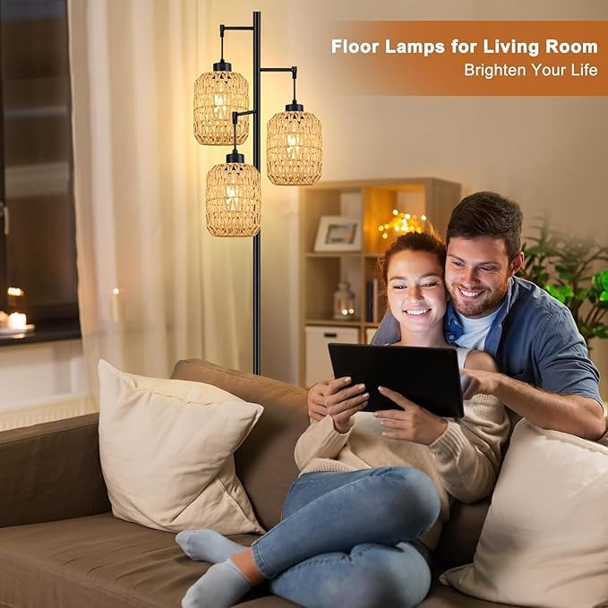Floor Lamp for Living Room,Bedroom,Boho Rattan Tree 3 Lights Farmhouse Floor Lights,Industrial Black Standing Lamp Wicker Rustic Tall Lamp,Woven Bamboo LampShade Floor Lamps Bohemian