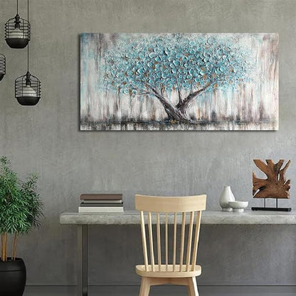 Arjun Tree Wall Art Canvas for Living Room Blue Tree of Life Nature Teal Abstract Textured Painting Picture Modern Panoramic Landscape Artwork Framed Bedroom Home Office Decor, Large Size 40"x20"