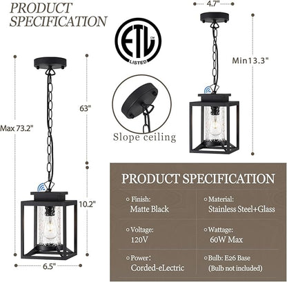 Outdoor Pendant Lights, Dusk to Dawn Modern Outdoor Porch Chandelier Lantern with Sensor, Black Exterior Hanging Porch Light with Hammered Glass, Adjustable Long Chain, OS-KY1001
