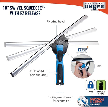 Unger Professional Connect and Clean 18” Swivel Window and Glass Cleaning Squeegee with EZ Change, Large Surfaces with Streak-Free Results, Swiveling Head for Corners and Edges, Rubber Replacement