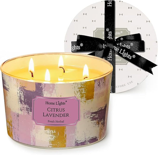 HomeLights Citrus Lavender Scented Candles | 18oz Soy Candles Scandinavian Minimalist Design 4-Wick Large Candle Jars | Ideal Candle Gifts for Events, Home Decor Stress, Relief & Relaxation