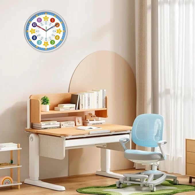 XFM Blue Kids Wall Clock 14 Inch Silent Non Ticking Quartz Battery Operated Decorative Time Teaching Clock for Children Bedroom Nursery Room Classroom
