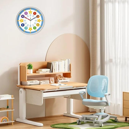 XFM Blue Kids Wall Clock 14 Inch Silent Non Ticking Quartz Battery Operated Decorative Time Teaching Clock for Children Bedroom Nursery Room Classroom