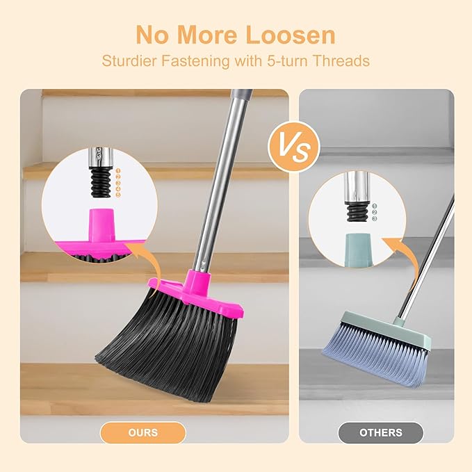 Stand Up Broom and Dustpan Set, Sturdy and Adjustable Dustpan with 51'' Long Handle, Heavy Duty Broom with Standing Dust Pan for Kitchen Garage Looby Pet Dog Hair - Rose Red