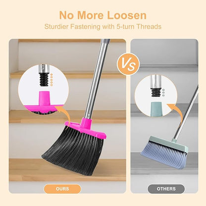 Stand Up Broom and Dustpan Set, Sturdy and Adjustable Dustpan with 51'' Long Handle, Heavy Duty Broom with Standing Dust Pan for Kitchen Garage Looby Pet Dog Hair - Rose Red